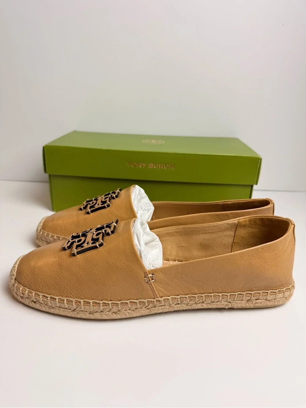 Tory Burch Cut-Out Logo Leather Espadrille Flats Ginger Shortbread US 11